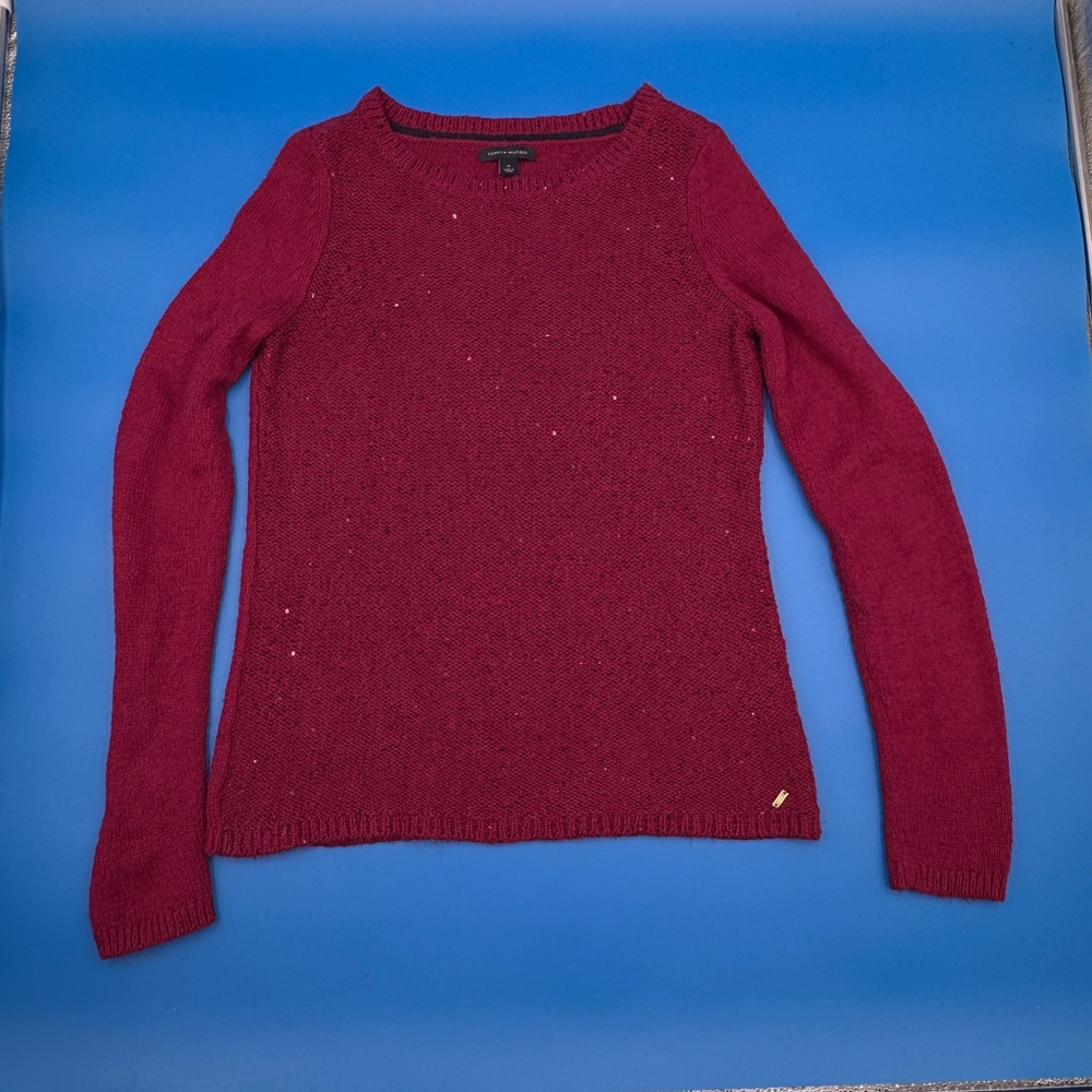 NYE Tommy Hilfiger Women Burgundy Sequin Knit Sweater Long Sleeve Size M